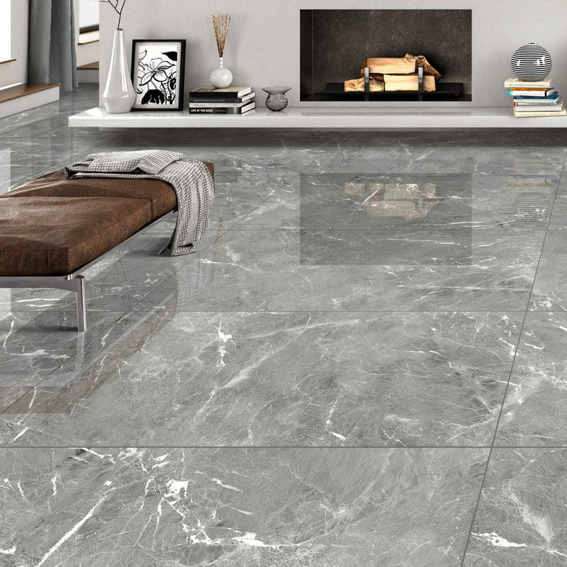 Makrana Breccia Grey Polished Marble Effect Tile 60x120