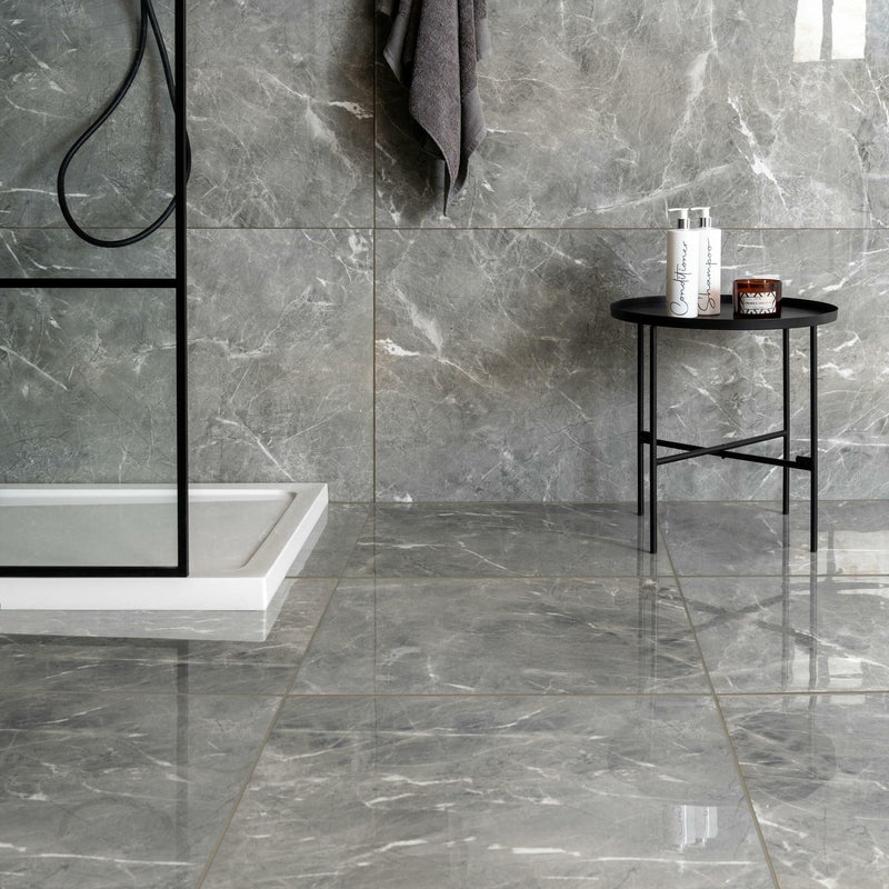 Makrana Breccia Grey Polished Marble Effect Tile 60x60